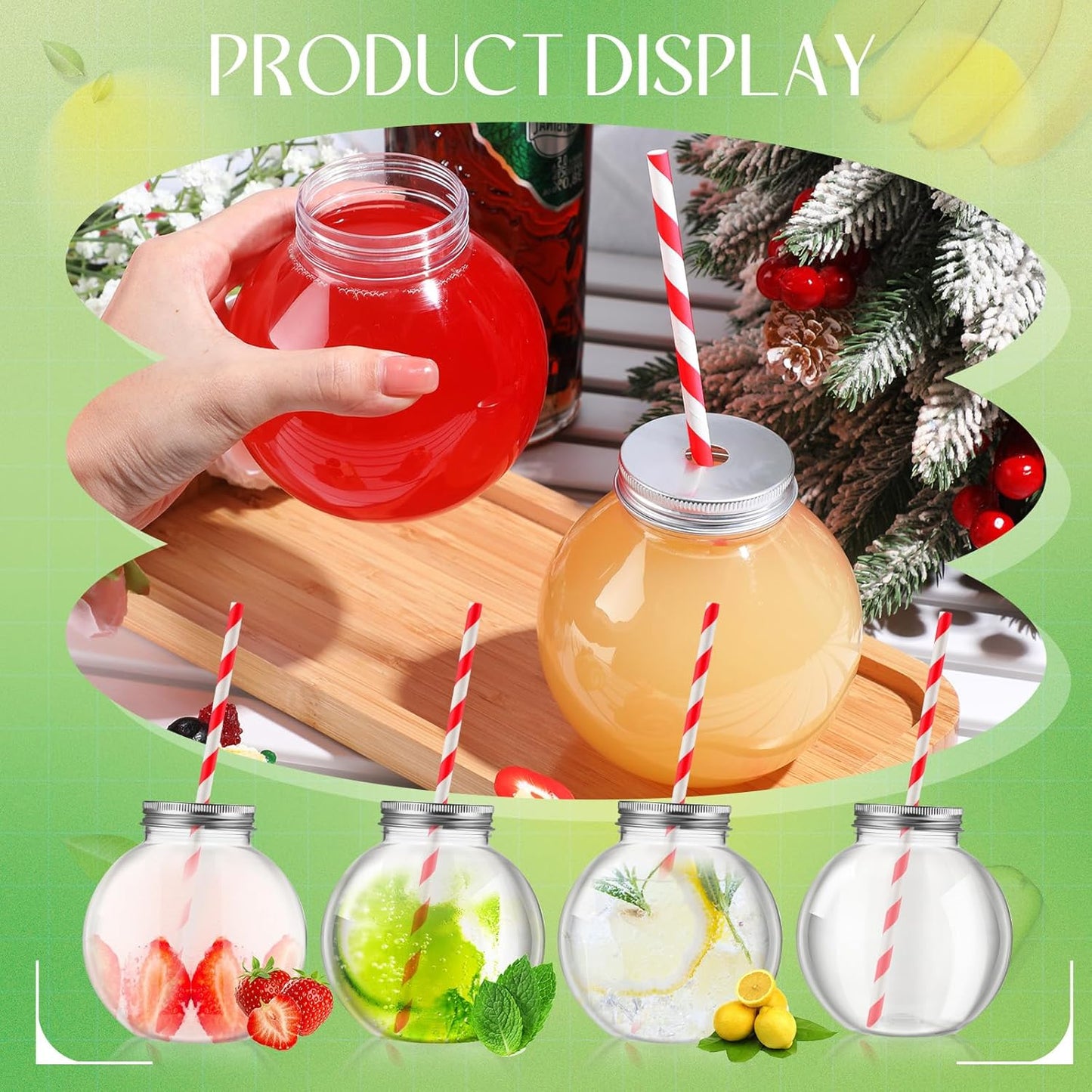 Yaomiao 24 Pcs 10 oz Mini Plastic Fish Bowl Ornament Cups for Drinks Clear Spherical Potion Bottles with Lids and Straws Bulb Cups for Christmas Carnival Candy Party Decorations (Red)