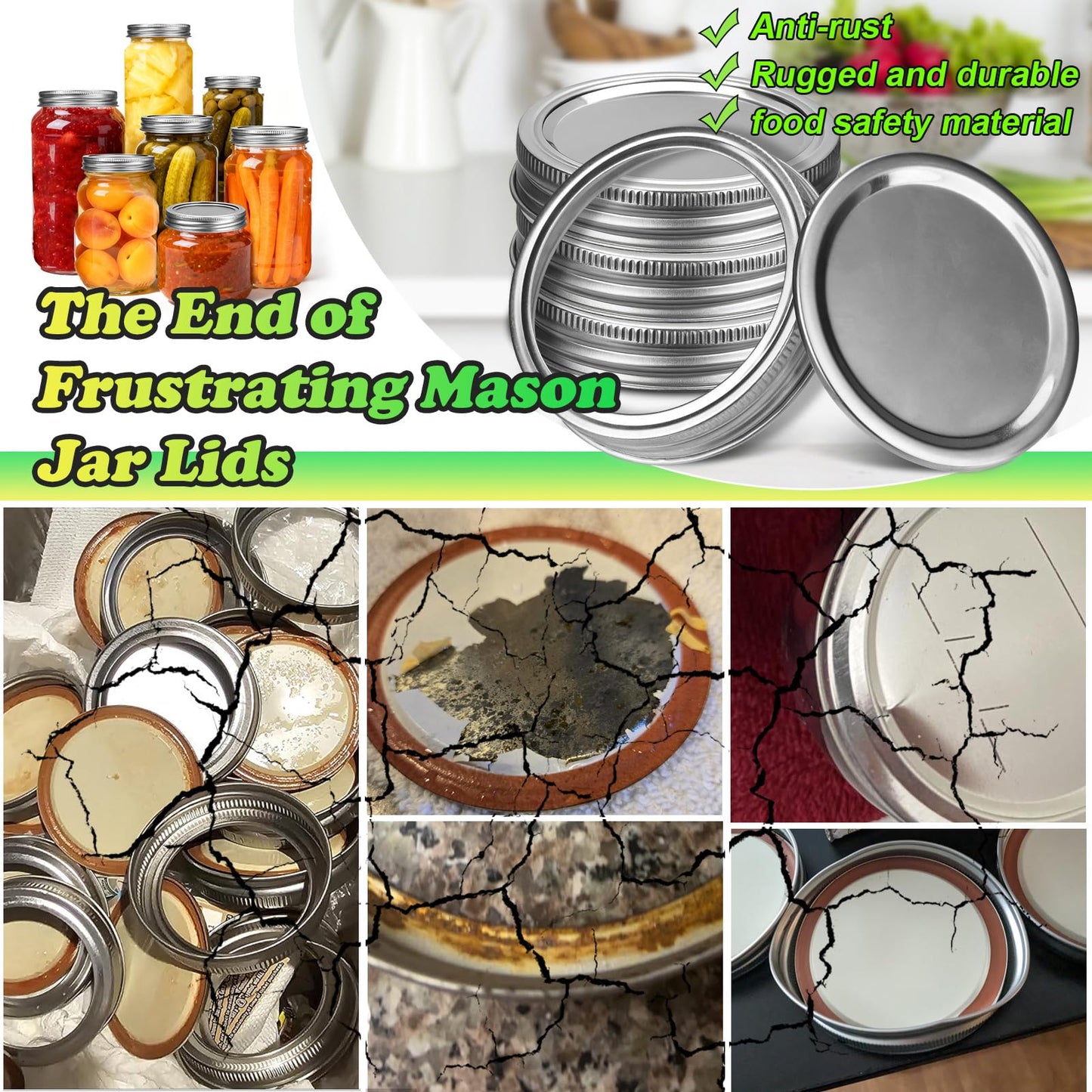 Palksky Stainless Steel Regular Mouth Canning Lids and Rings, Airtight/Rustproof Mason Jar Lids with Bands Set of 4
