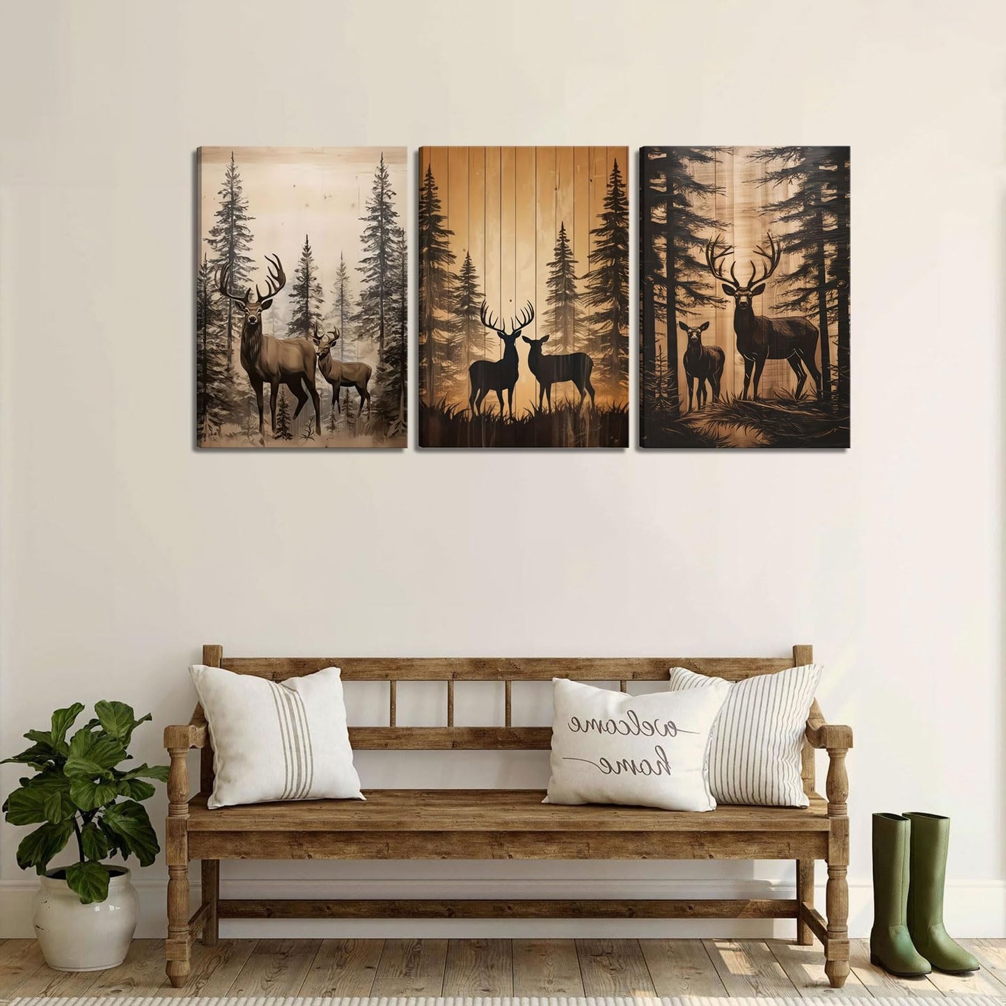 3Pcs Forest Elk Canvas Wall Art Country Farmhouse Wall Decor Picture Woodland Animal Poster Print for Living Room Bedroom Farmhouse Ranch Home Decor Ready to Hang