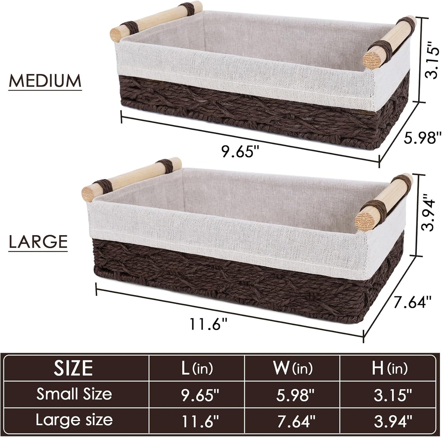 Wicker Storage Basket - Decorative Paper Rope Bathroom Organizer with Wooden Handle | 2 Pack, Brown