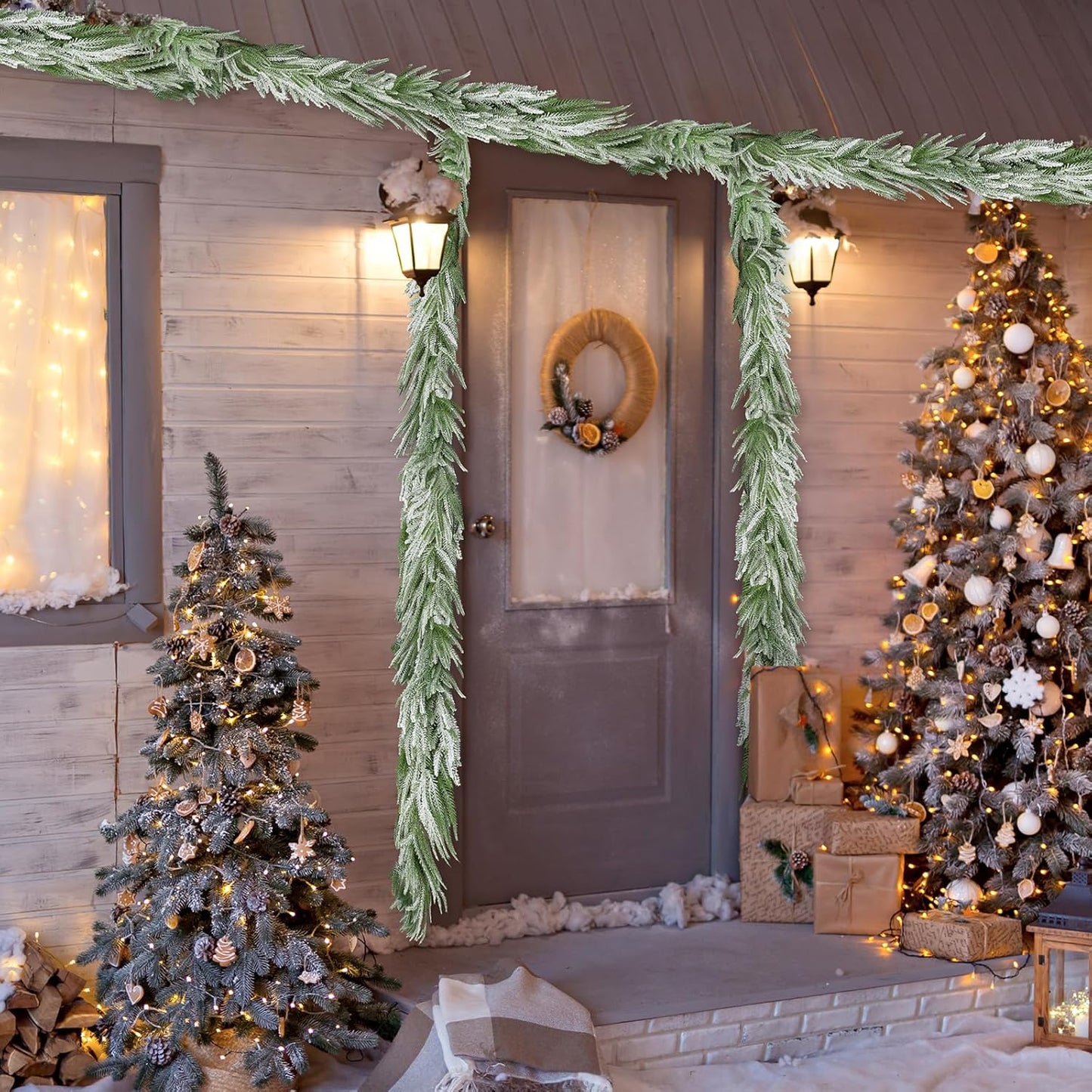 Snow Flocked Norfolk Pine Garlands, 108 Inch Real Touch Winter Pine Garland, Green Artificial Greenery Garland for Table, Mantle, Wall, Indoor, Outdoor Christmas Decorations