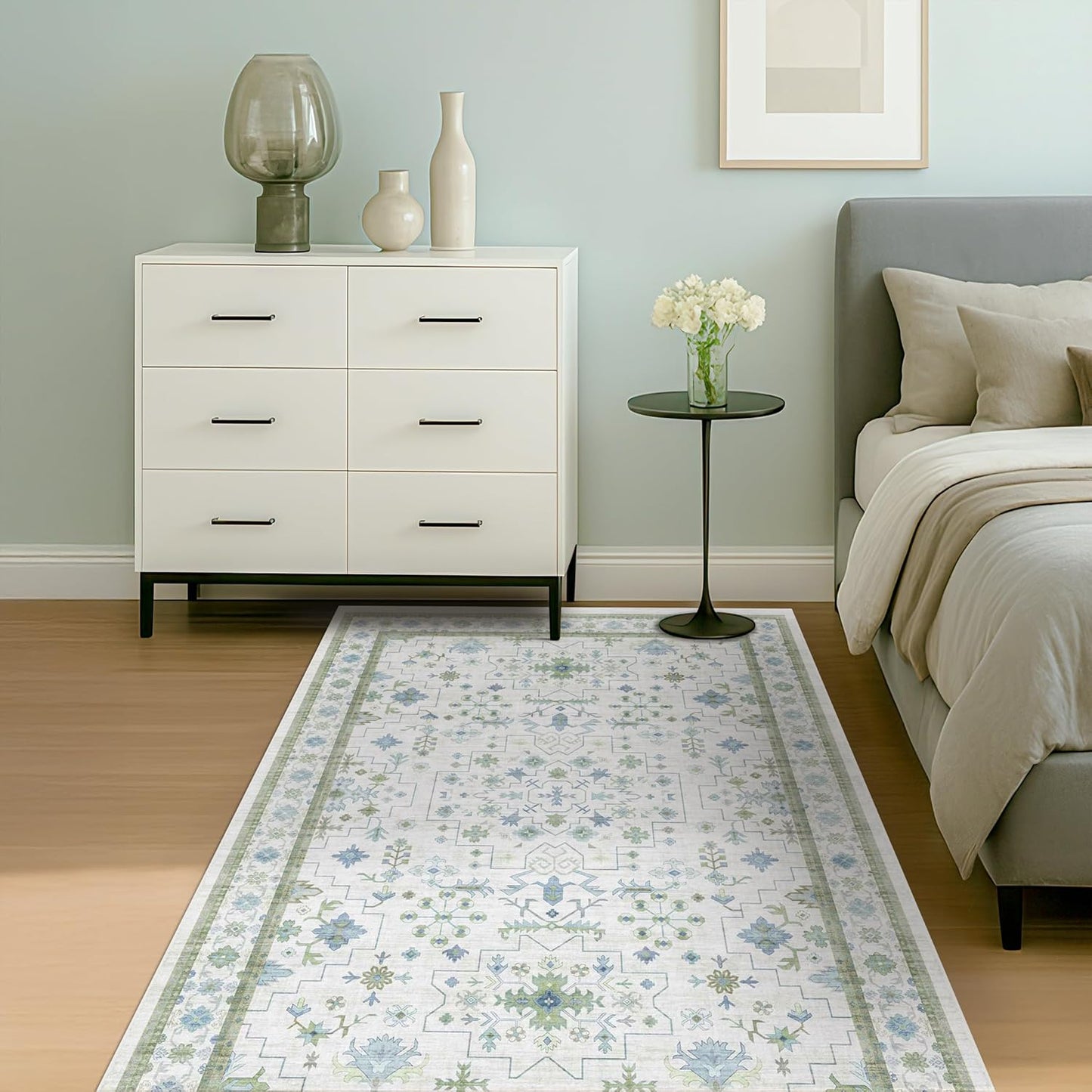 Oushak Kids Rugs - Boho Green and Blue Area Rug, Washable Low Pile, Soft 5x8 Carpet for Bedroom & Playroom