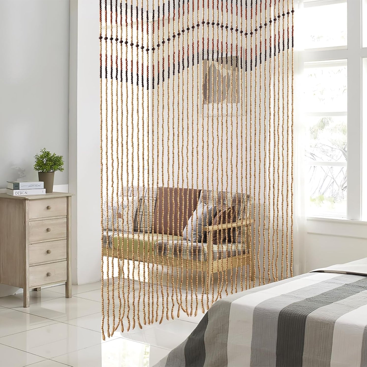35.5" x 75" Bamboo and Wood Beaded Curtain for Doorway 52 Strands Handmade Bohemian Door Beads Curtain Boho Hanging Room Divider for Bedroom Living Home Deco, Beige