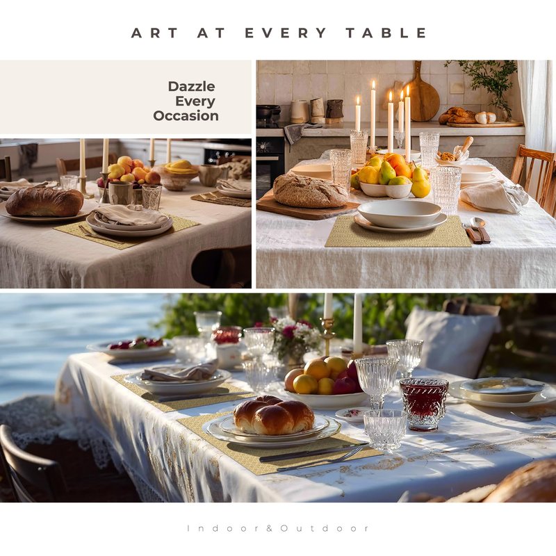 Leetaltree Sparkling Gold Sequin Woven Vinyl Placemats, Set of 6 - Waterproof & Washable Dining Table Mats for Wedding, Anniversary, Daily Use, Hand-Cut