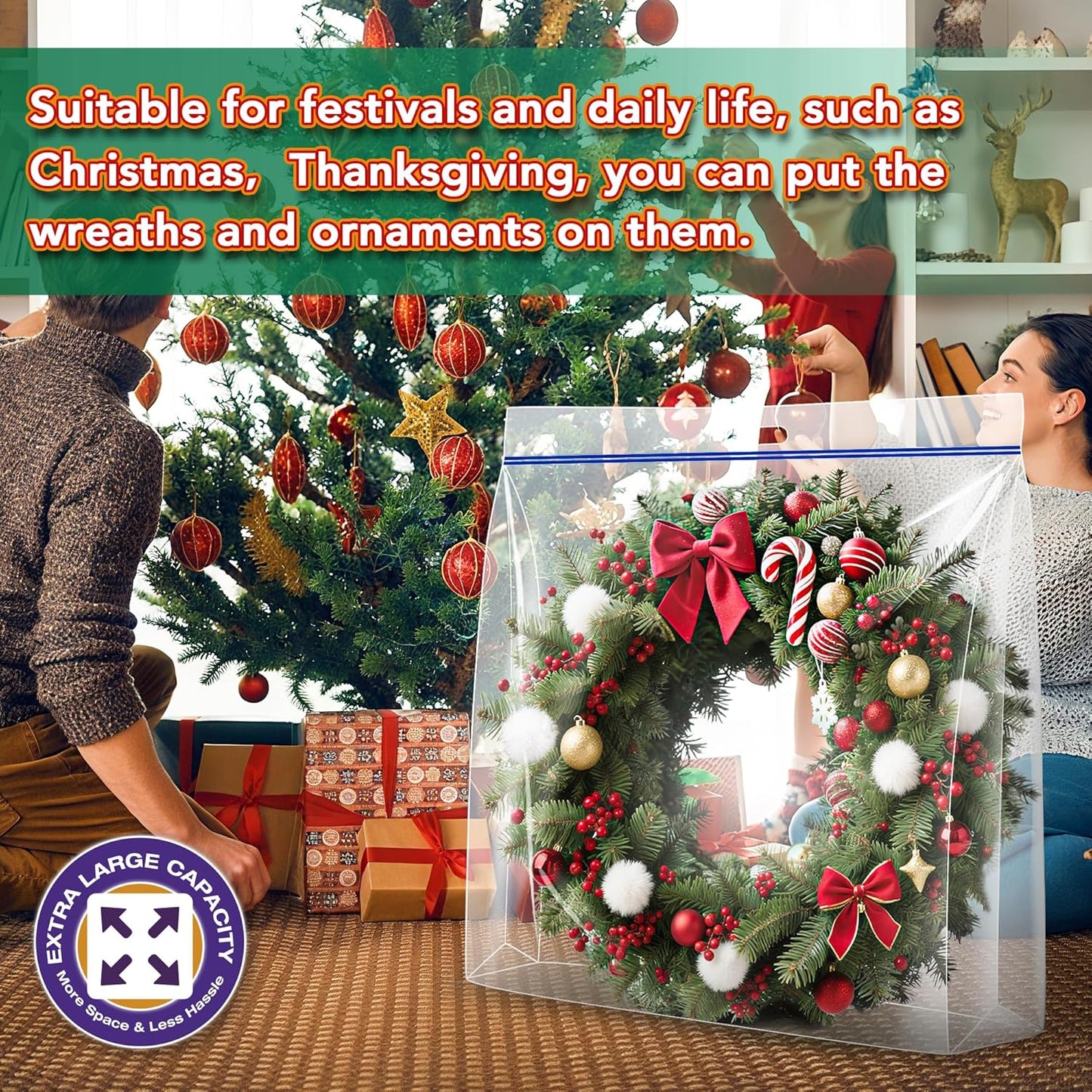 Skiennix Extra Large Clear Wreath Storage Bag - Durable Plastic with Handle | 34"x34"x8.5", 4 Pack for Holiday Decor & Bedding