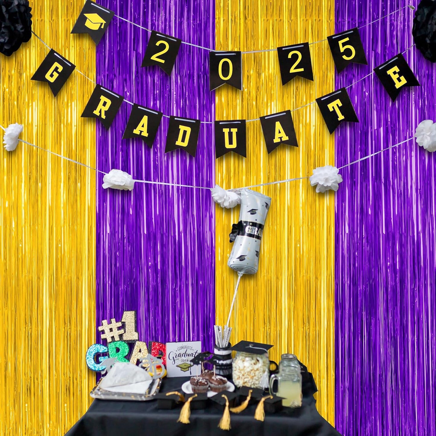 Regine Switzerland Graduation Backdrop - 2 Pack Metallic Purple & Gold Foil Fringe Curtains | 3.28 FT x 7.05 FT Class of 2026 Decor