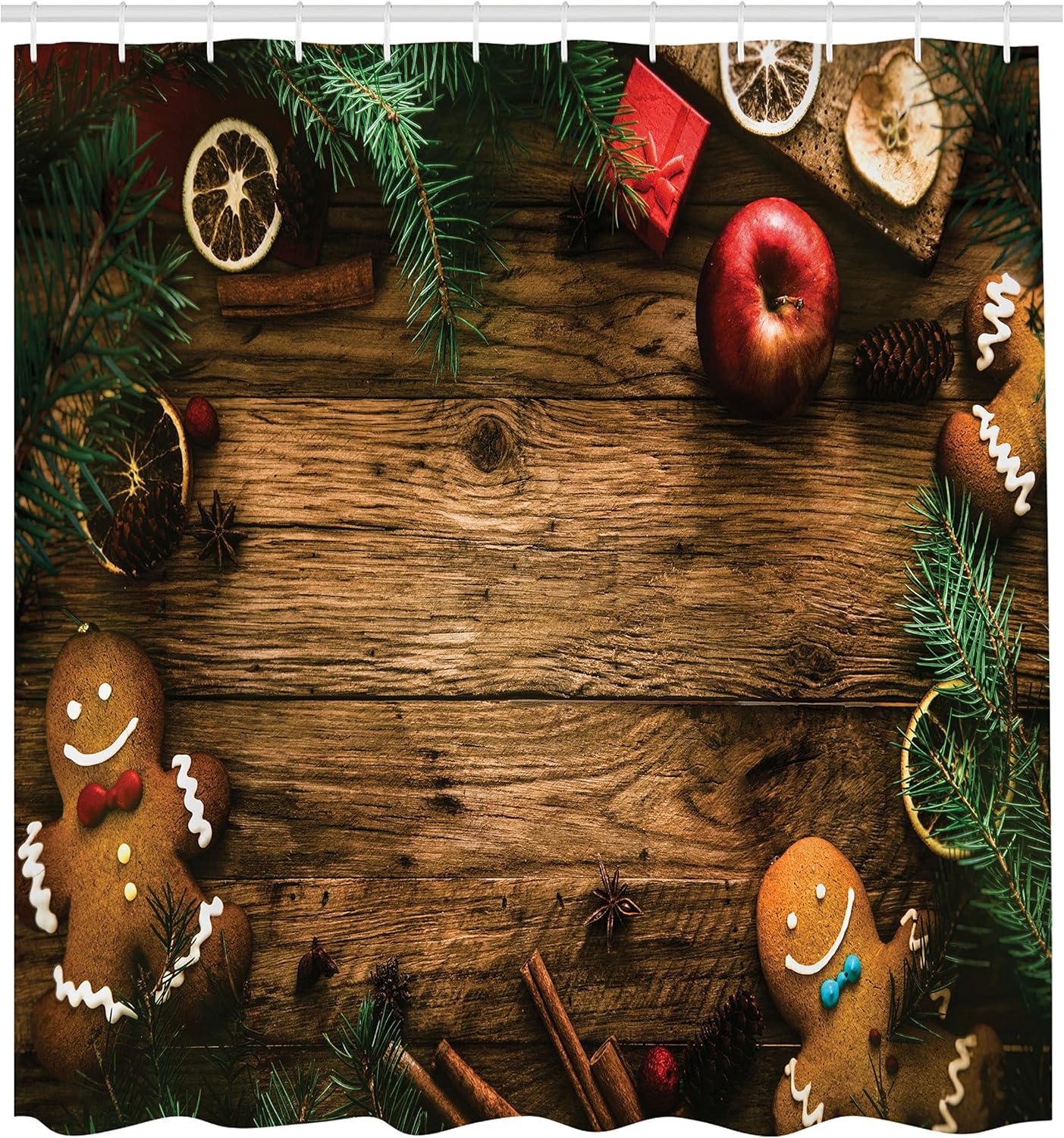 Gingerbread Man Christmas Shower Curtain - Rustic Pine & Cinnamon Design, 69" x 70", Fabric Bathroom Decor with Hooks