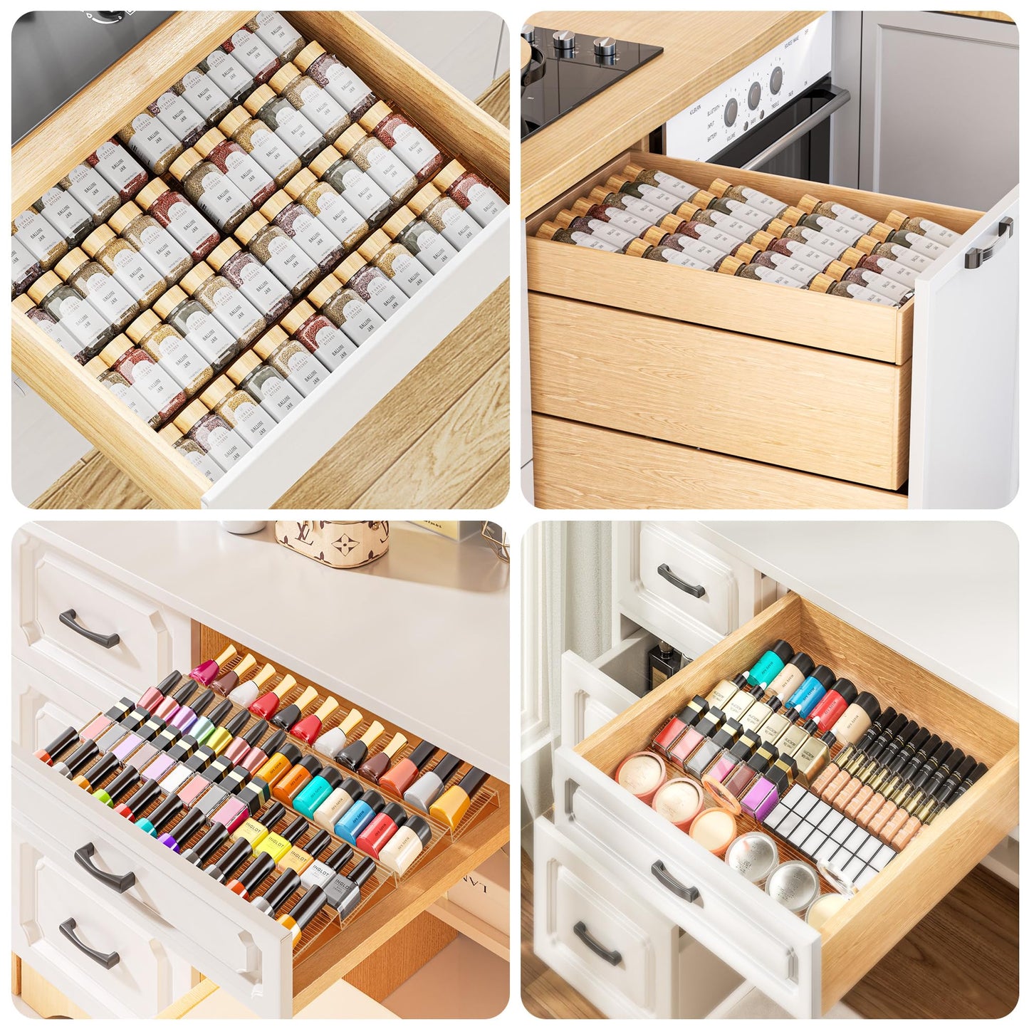 PanPanPal Spice Drawer Organizer, 4 Tier- 4 Pack Amber Acrylic Drawer Seasoning Organizer, Expandable From 11'' to 22'' Kitchen Spice Rack Organizers and Storage for Drawer (Jars not included)