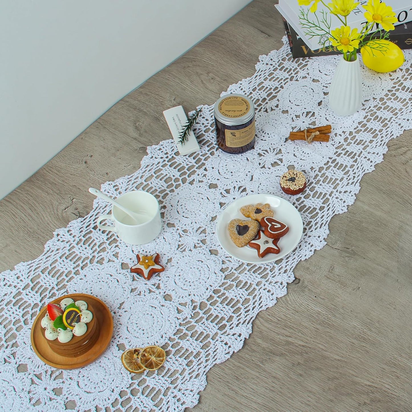Handmade Crochet Cotton Lace Table Runner - 15 x 43 Inch Elegant Tablecloth