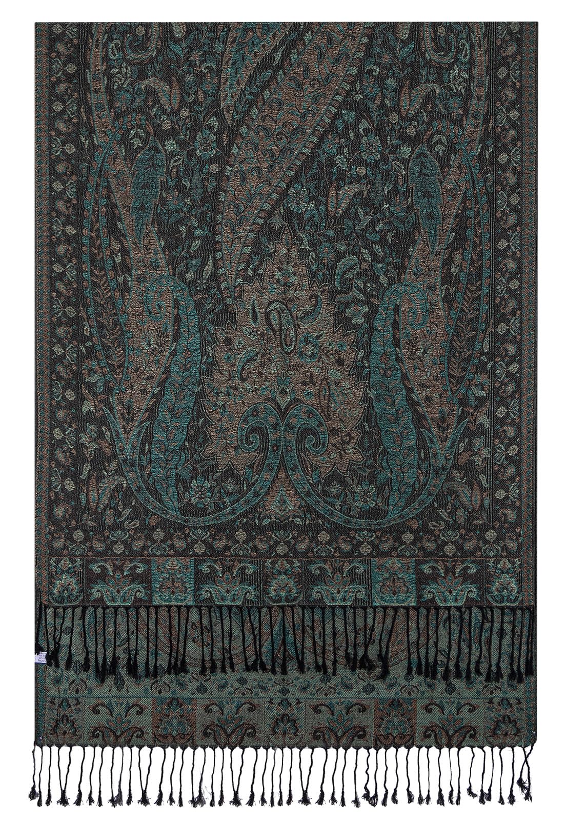 Umjetnost Womens Soft Silky Pashmina Rave Scarf Paisley Pattern Pashmina Shawl Wrap with Fringes (F Black Green)