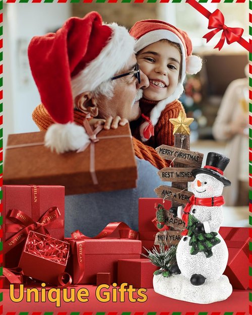 iStatue Merry Christmas Snowman Sign - Charming Resin Tabletop Decoration with Mini Tree | Holiday Home Decor Gift