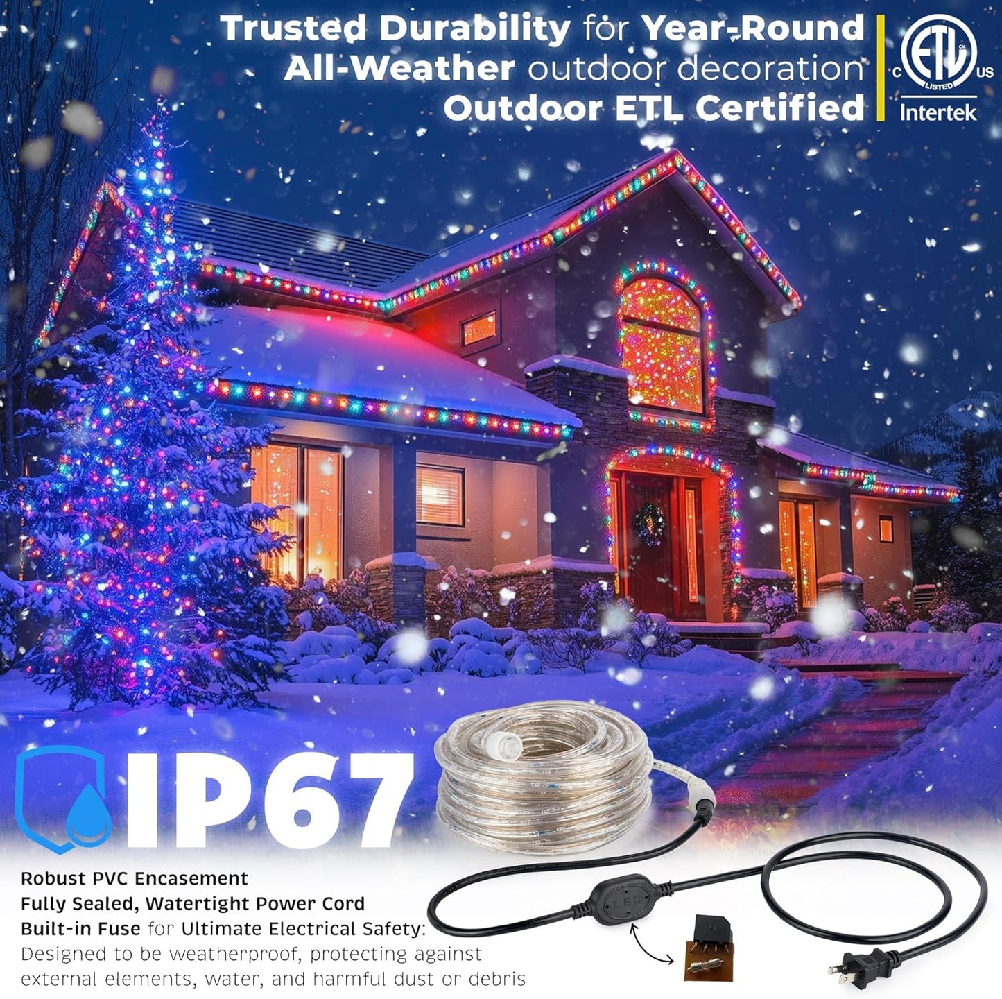 10ft Waterproof LED Rope Lights - 108 LEDs, Connectable Outdoor Christmas Decor