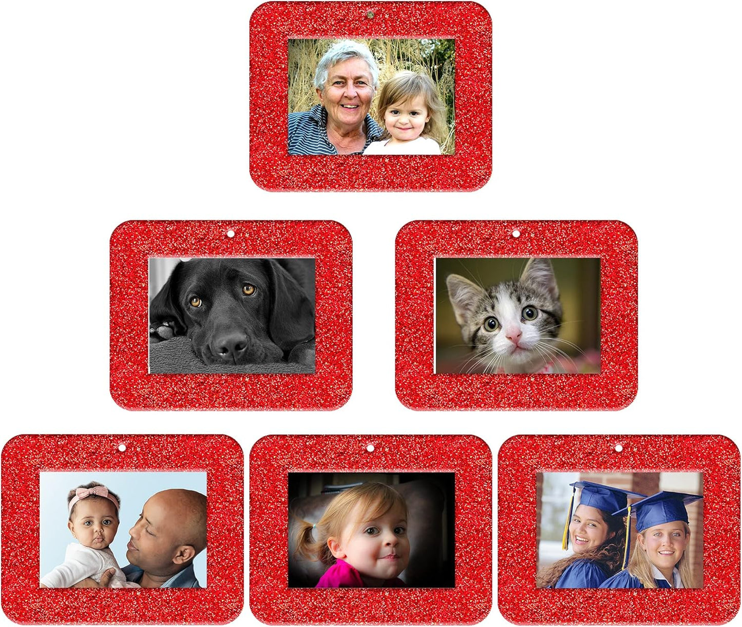 Mini Glitter Photo Christmas Ornaments - Magnetic Easy-Load Frames, Red 6-Pack