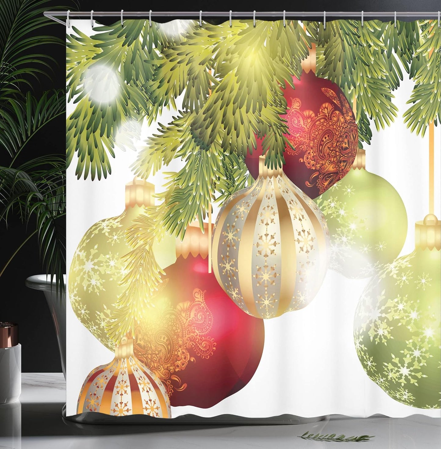 Christmas Shower Curtain with Baubles Motif - Festive Winter Bathroom Decor, 69" x 70" with Hooks