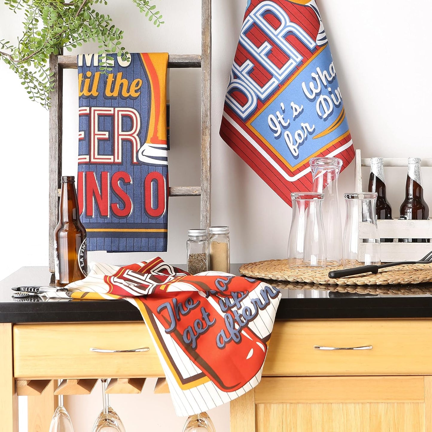 Retro Beer Dishtowel Set - 3 Assorted 18x28 Kitchen Towels for Home Cooking