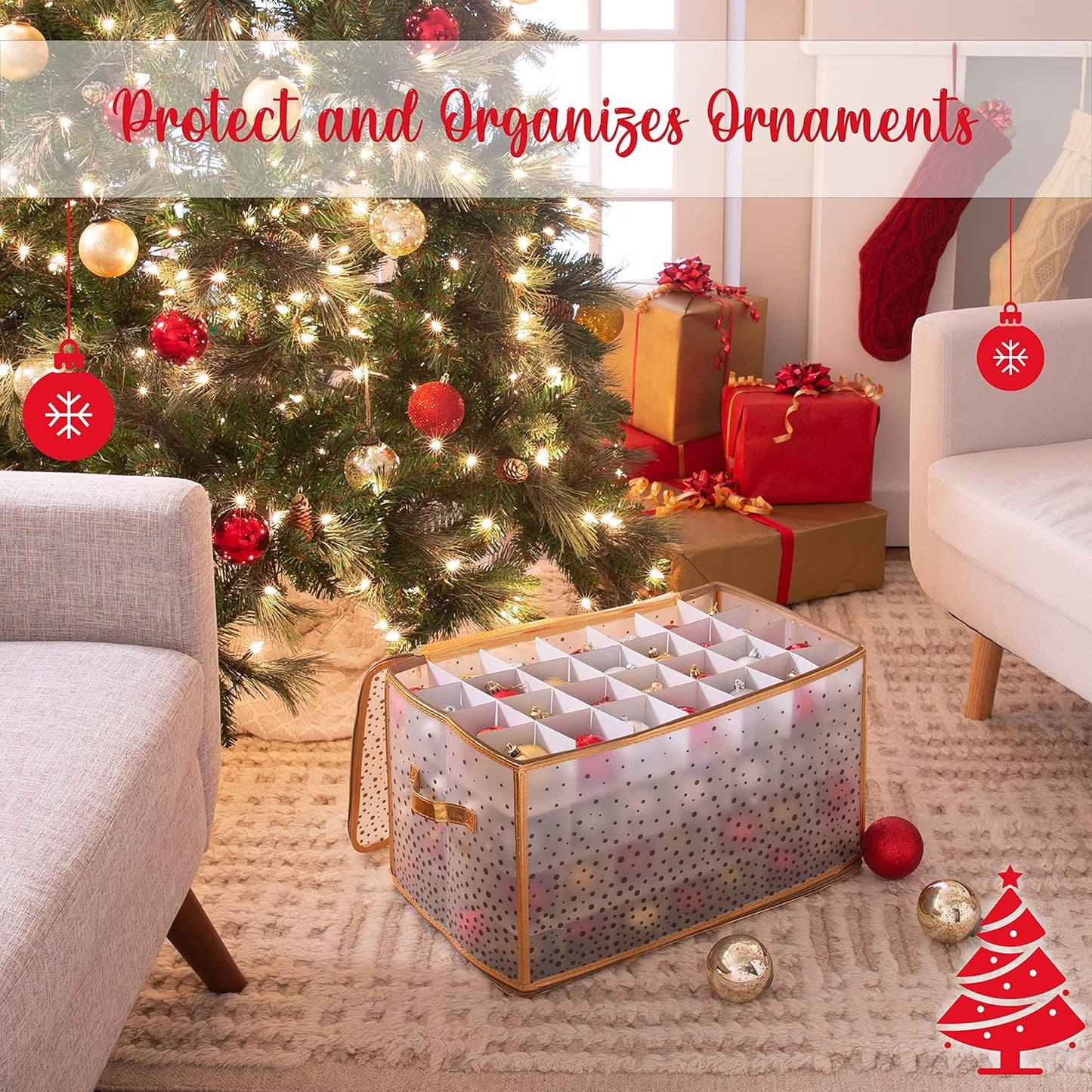 Ornament Storage Organizer for 112 Ornaments | Zipper Closure | Space-Saving Red Design