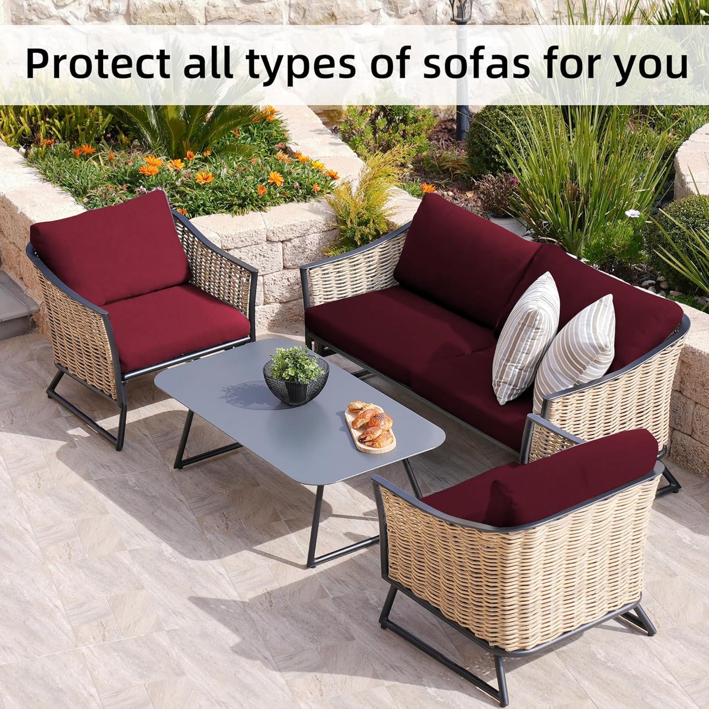 Skiennix 8-Piece Stretch Patio Cushion Covers - Washable Outdoor Sofa Slipcovers | Wine Red