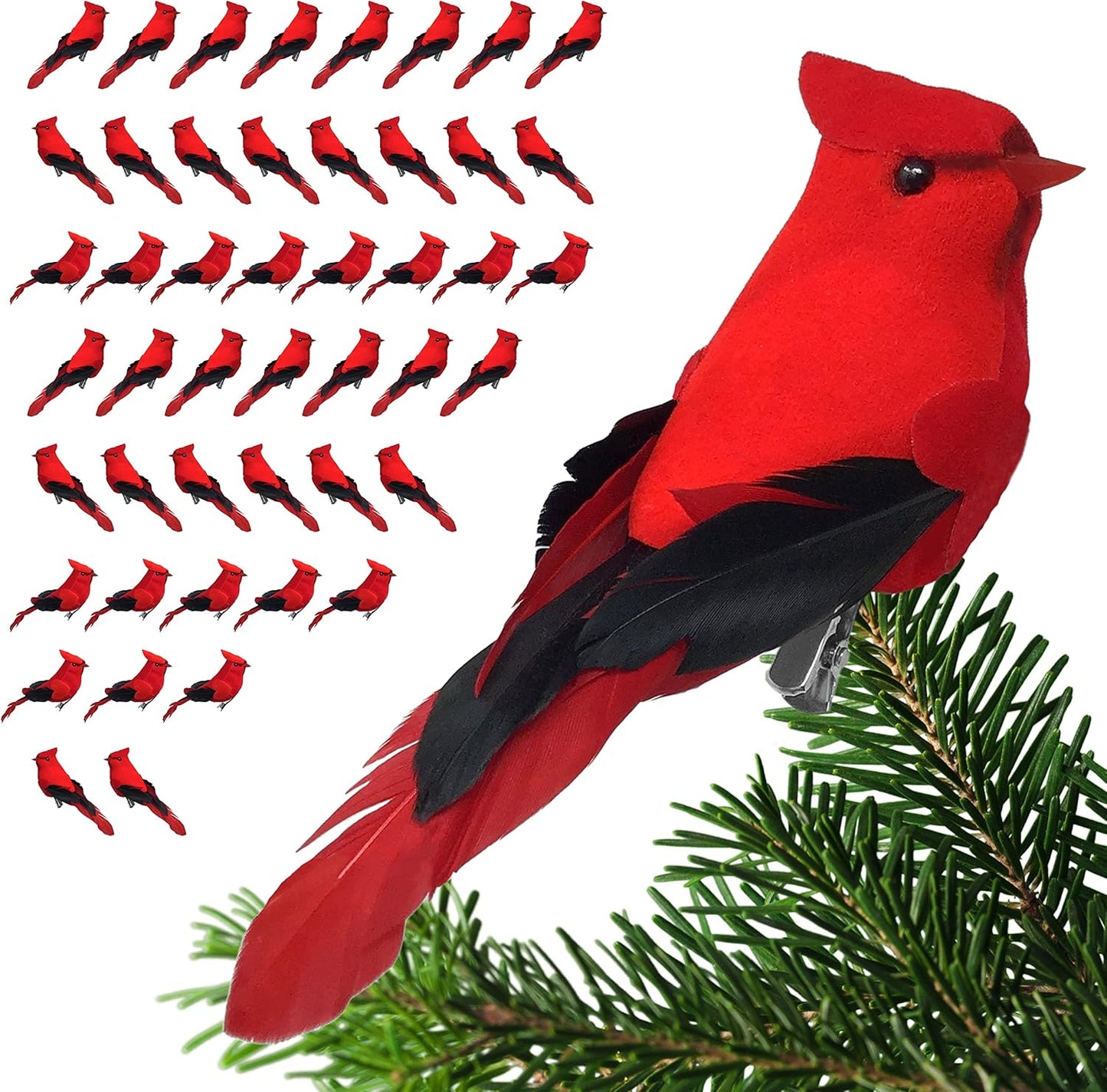 Red Cardinal Clip-On Christmas Tree Ornaments - Set of 12, 5" Long with Flocked Body & Feathered Wings