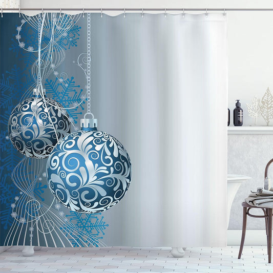 Snowflake Motif Christmas Shower Curtain Set - Abstract Blue & White Design, 69" x 70" with Hooks