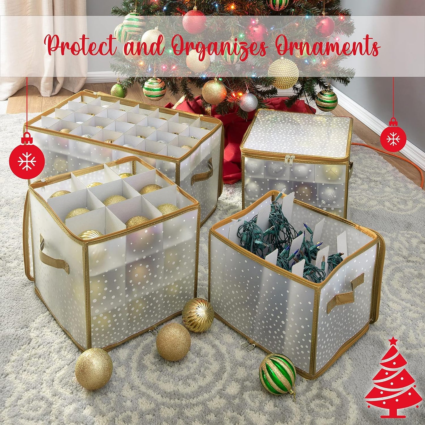 Ornament Storage Organizer for 112 Ornaments | Zipper Closure | Space-Saving Red Design