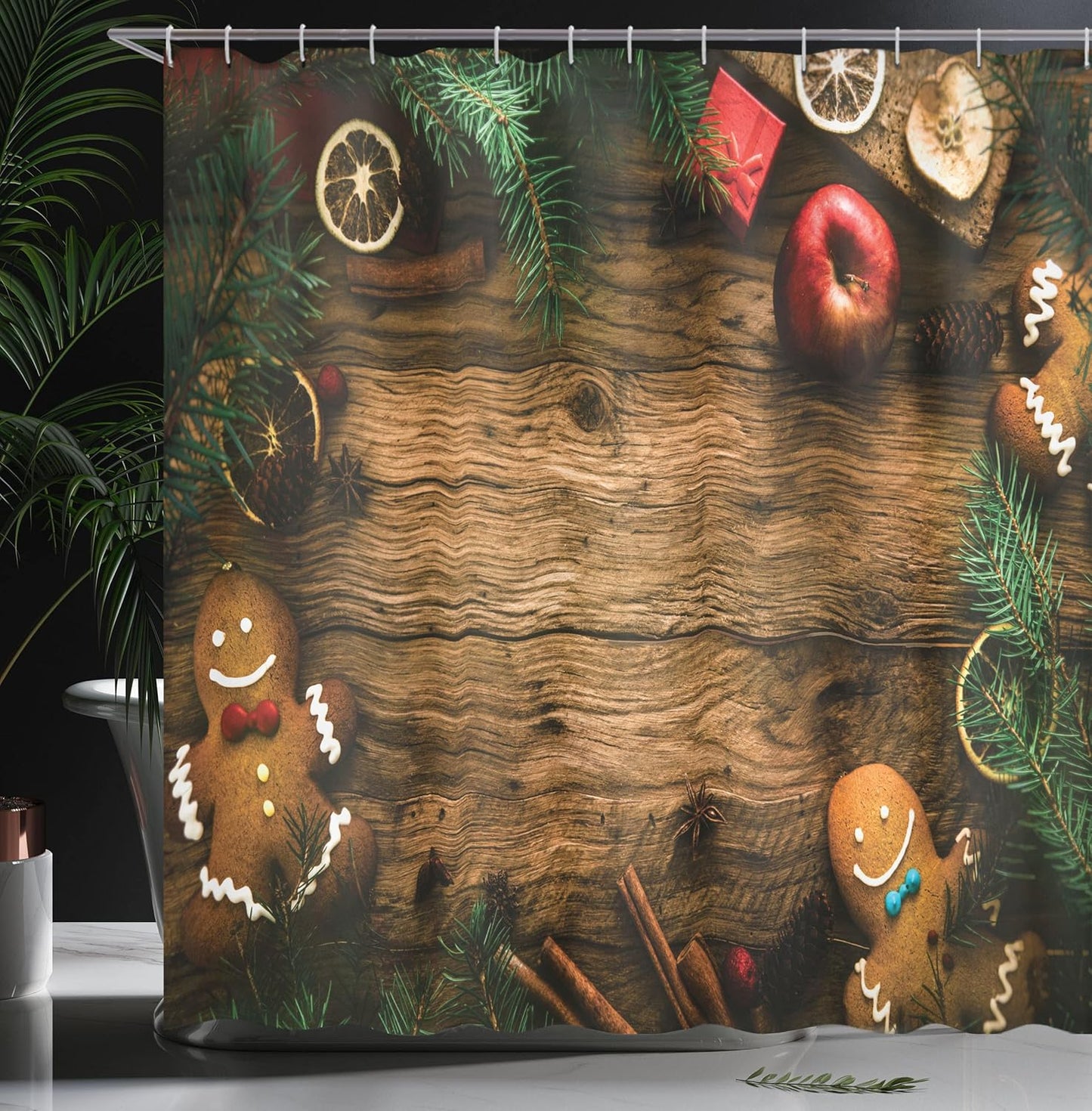 Gingerbread Man Christmas Shower Curtain - Rustic Pine & Cinnamon Design, 69" x 70", Fabric Bathroom Decor with Hooks
