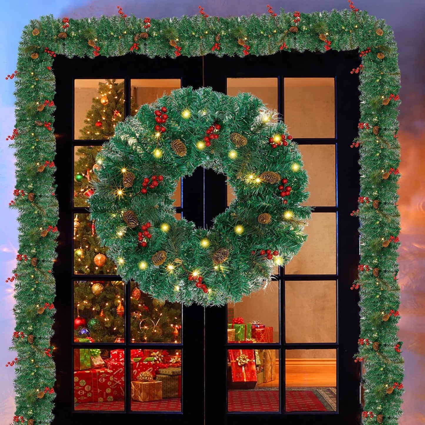 Juegoal Christmas Decorations - 4-Piece Pre-Lit Artificial Entrance Trees Set with Wreath & Garlands | 8 Lighting Modes & Timer for Festive Home Decor