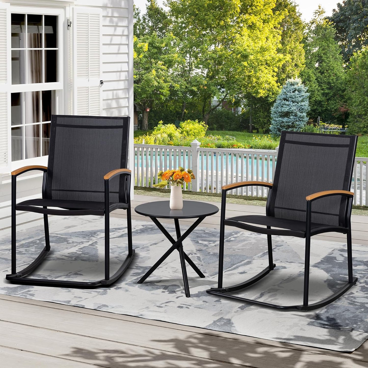 Shintenchi 3-Piece Outdoor Rocking Bistro Set - Textilene Fabric Patio Furniture for Lawn & Garden (Black)
