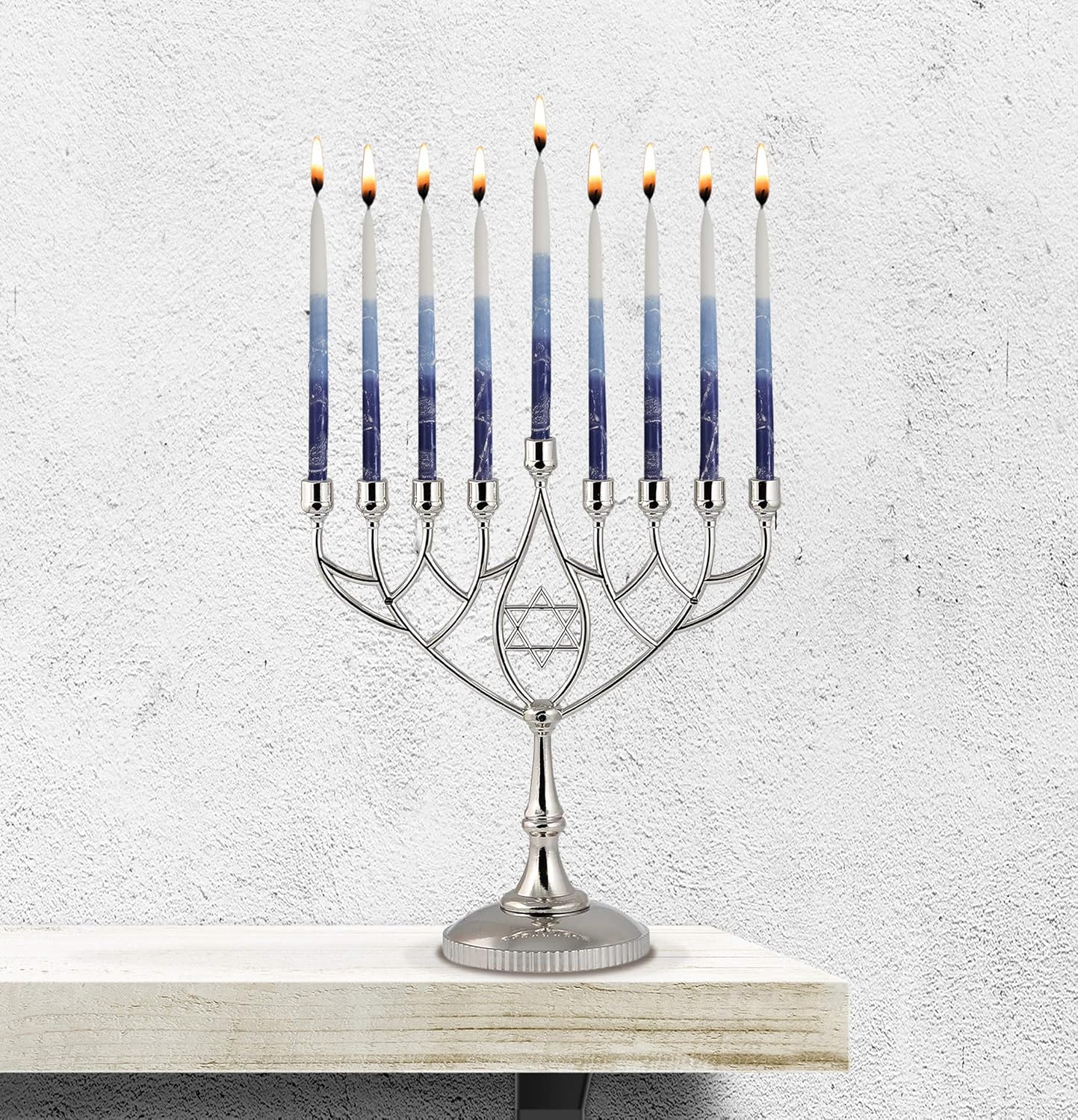 Silver Plated Geometric Hanukkah Menorah - 9" Classic Chanukah Candle Holder by Zion Judaica