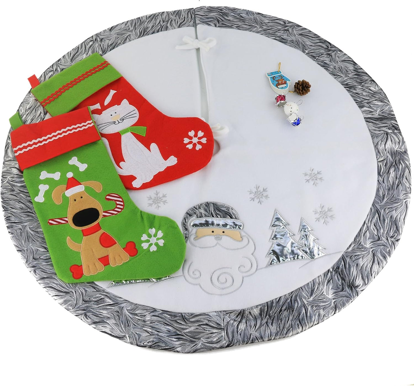 Luxury 36'' Snowman Christmas Tree Skirt - Silvery White Embroidered Snowflake with Satin Border
