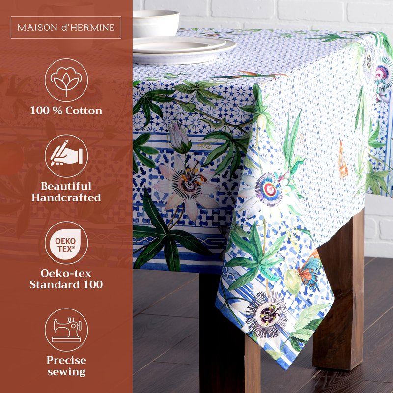 Maison d' Hermine Table Cloth Rectangle Table 100% Cotton 60 x 108 Inches Tablecloth Reusable Decorative for Dining Kitchen Room Farmhouse Home Gifts for Mothers Day Spring Summer - Passiflora