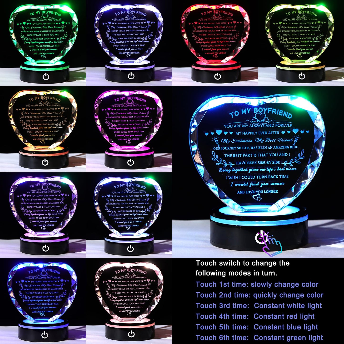 YWHL Gifts for Boyfriend with Colorful LED Base Unique Boyfriend Birthday Gift Ideas from Girlfriend Romantic Heart Crystal Keepsakes to My Boyfriend Gifts for Anniversary Christmas Valentine Day