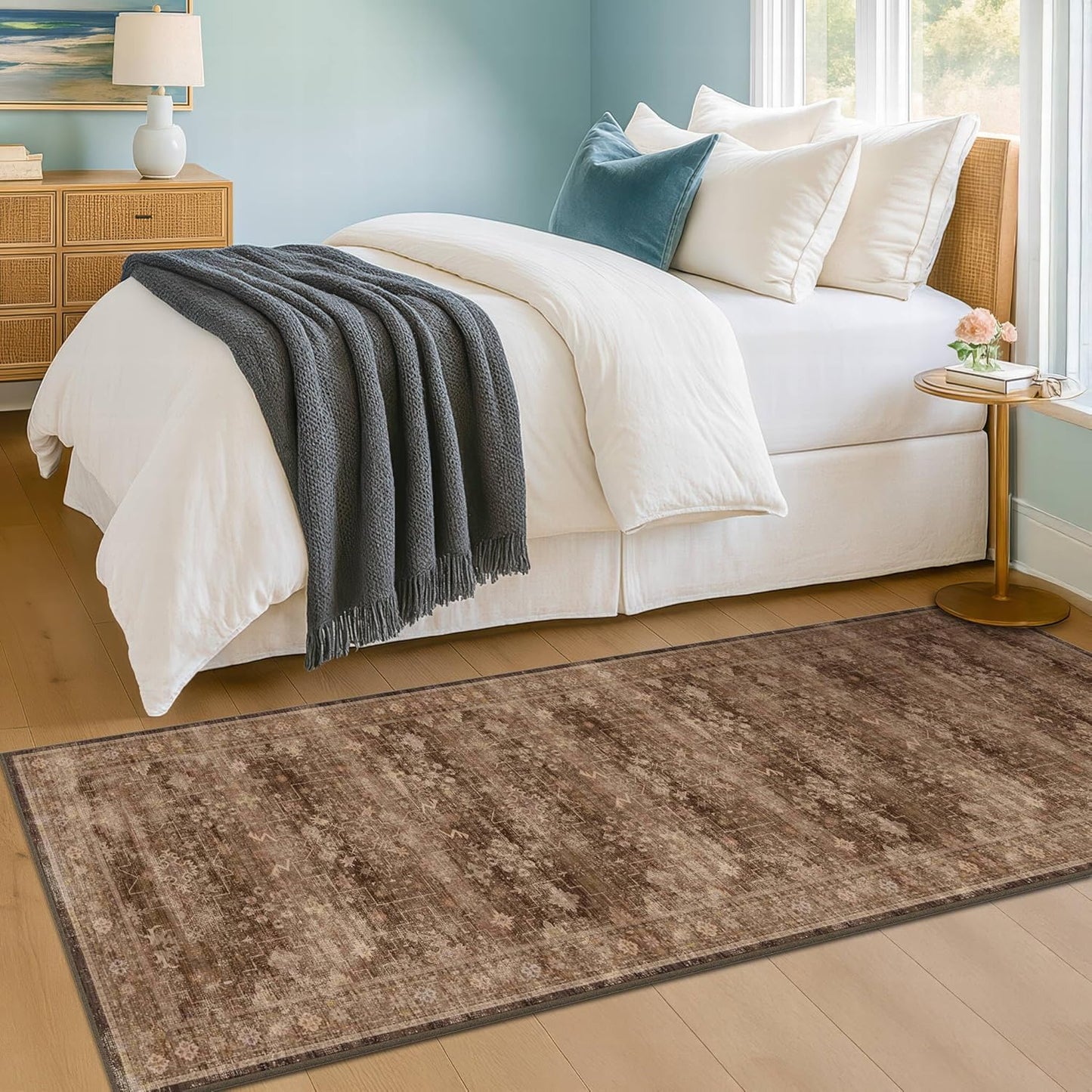 Skiennix Brown Boho Washable Runner Rug - Non-Slip, Stain Resistant, Soft Faux Wool | 2x6 ft for Hallway, Kitchen, Bedroom