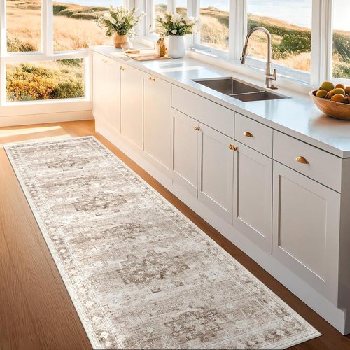 Hazo Haus Washable Beige Hallway Runner Rug - Non-Slip & Stain Resistant | 2'6"x8' Boho Floral Decor