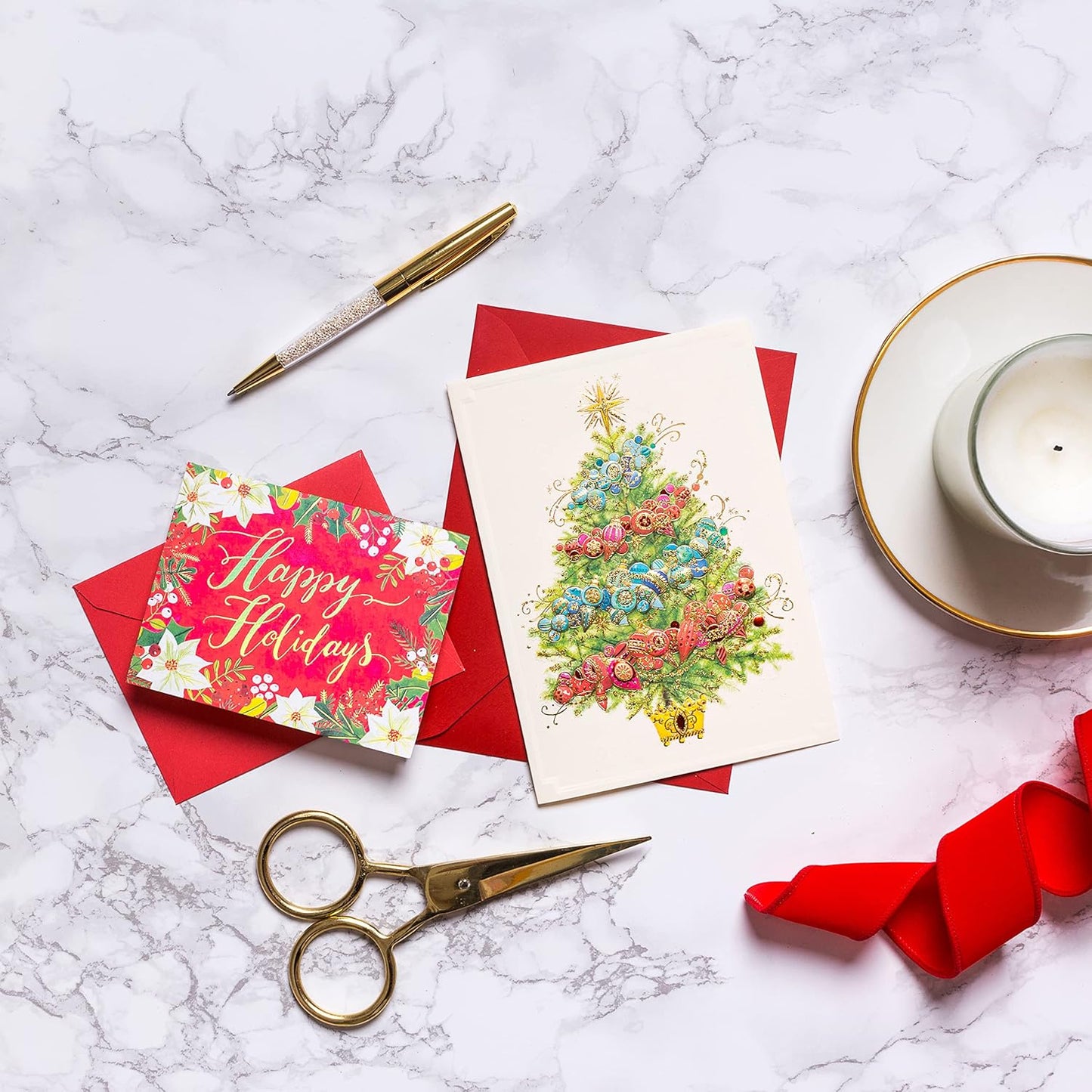 12-Pack Papyrus Christmas Cards with Envelopes - Peace & Happiness Tree Design