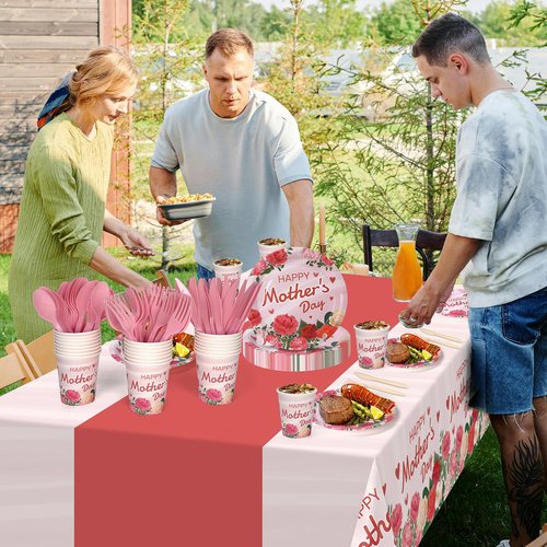 Childom Mothers Day Decorations for Party,132 Pcs Disposable Mothers Day Plates Tablecloth Cups Knives Spoons Forks for Party Supplies,Plates Tableware for Moms Birthday,Home,Brunch,Dinner,Serves 26