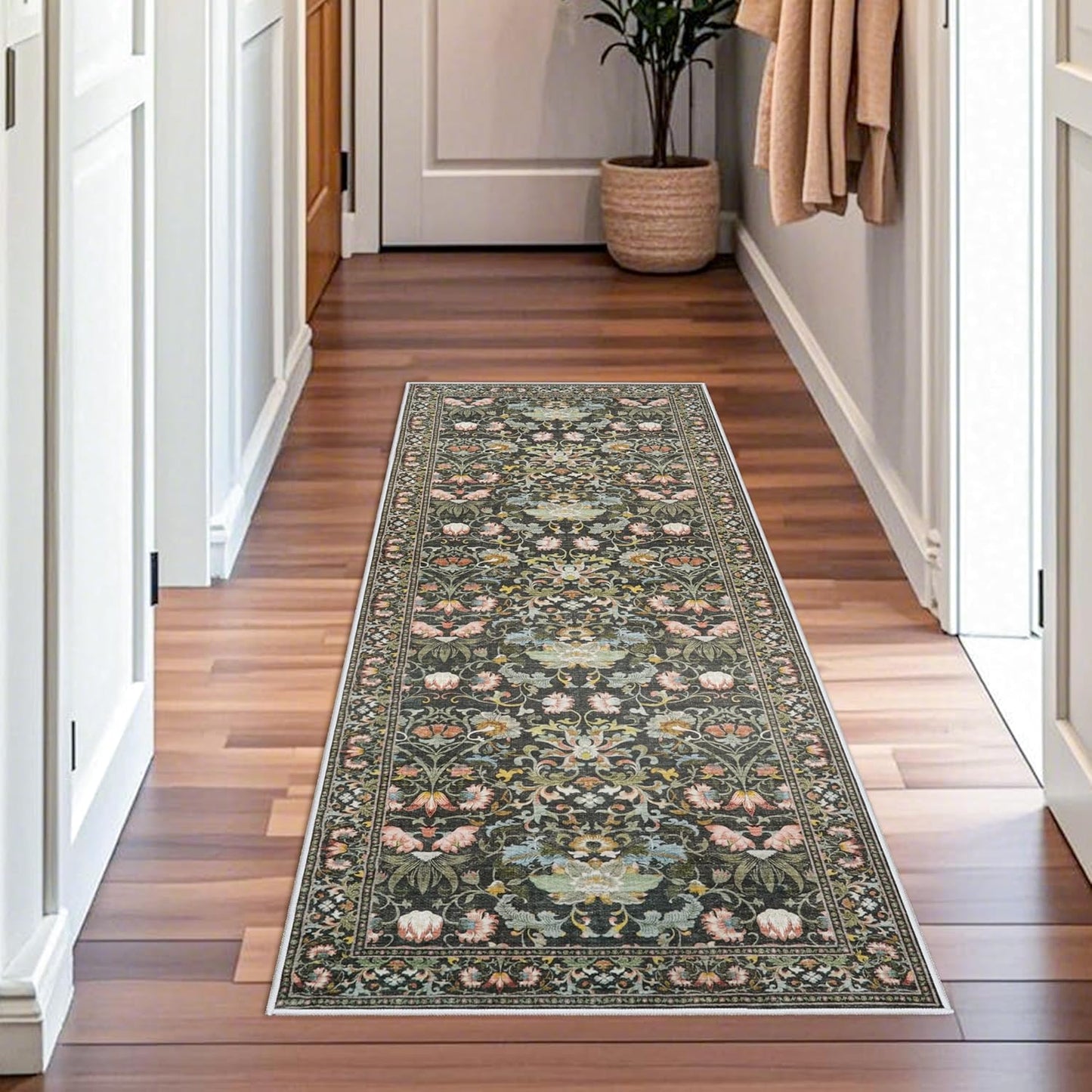 Skiennix Vintage Floral Hallway Runner Rug - Washable, Non-Slip, Water Resistant | 2x6, Green