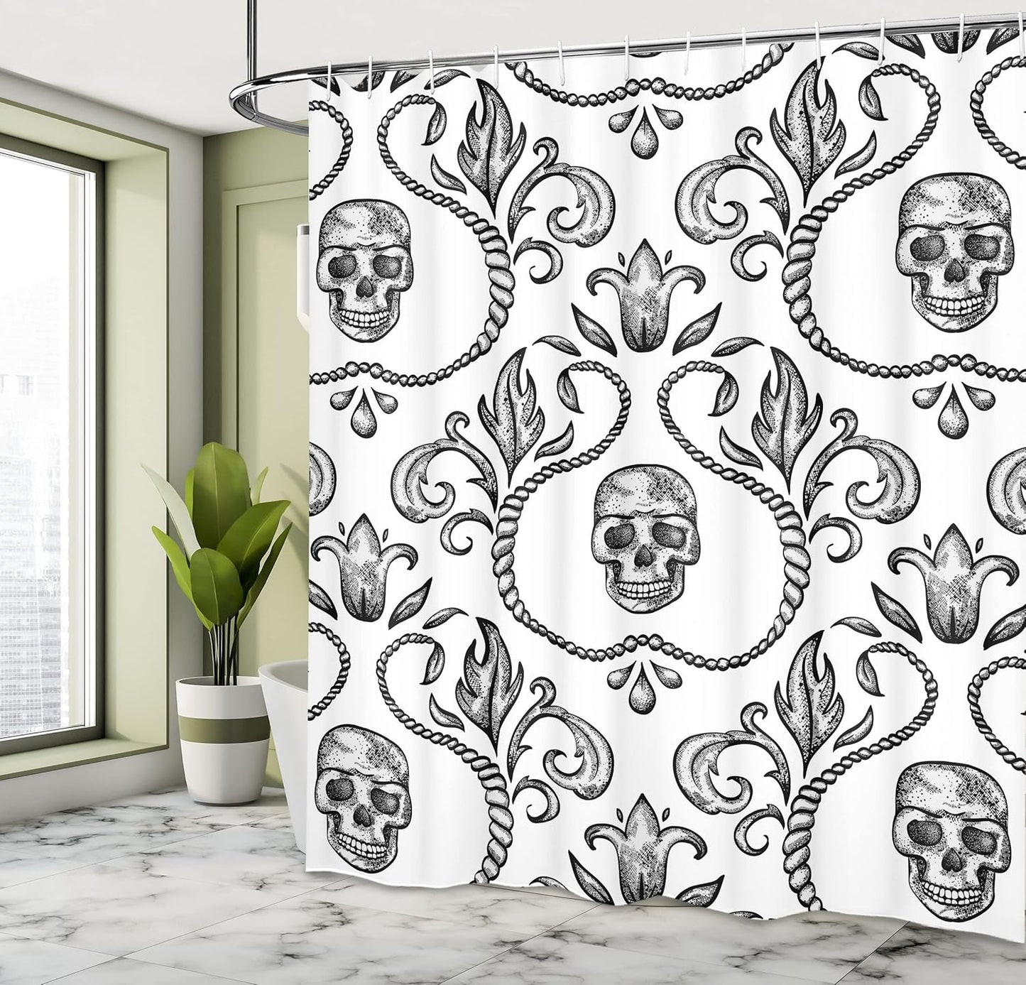 Gothic Skull Shower Curtain - Baroque Floral Design, 69" x 70", Bathroom Decor Set