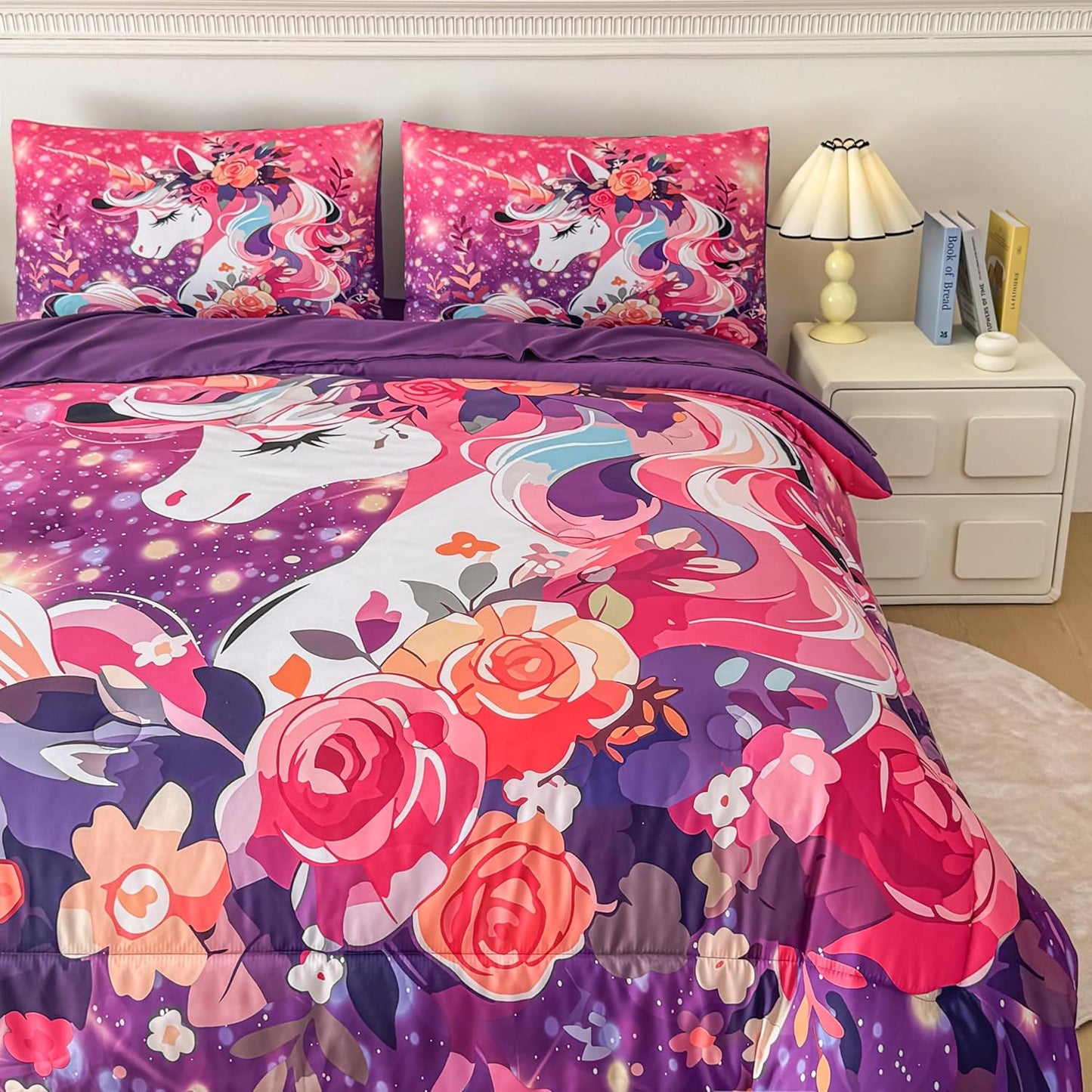 Peopleareok Unicorn Full Comforter Set for Girls Kids, Cute Pink Purple Unicorn Print Bedding Set Full, 5-Piece Bed in a Bag, Kids Cartoon Kawaii Comforter with Sheet Set