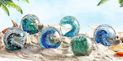 EUSTUMA Hand Blown Glass Figurine - Ocean Waves Paperweight | Unique Home & Office Decor