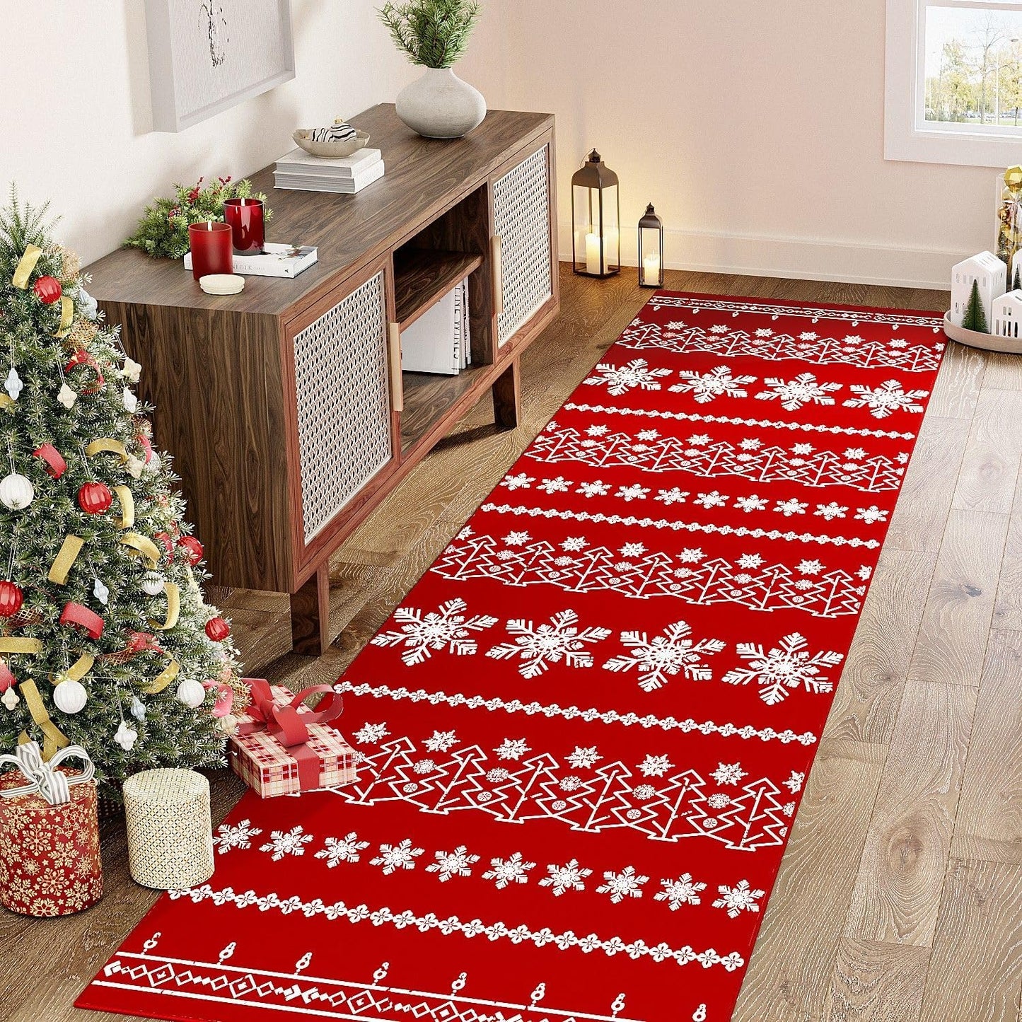 Christmas Runner Rug 3x10 Red Washable Carpet Xmas Snowflake Holiday Decor Kitchen Non Slip Soft Low Pile Long Carpet Indoor Throw Rug Laundry Room Living Room Bedroom Dining Room