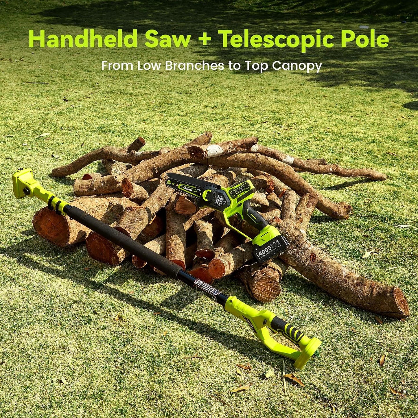 Skiennix Electric Pole Saw - Cordless Mini Chainsaw with 16Ft Reach & Auto Oiling | 8" & 6" Blades, 2x4.0Ah Battery