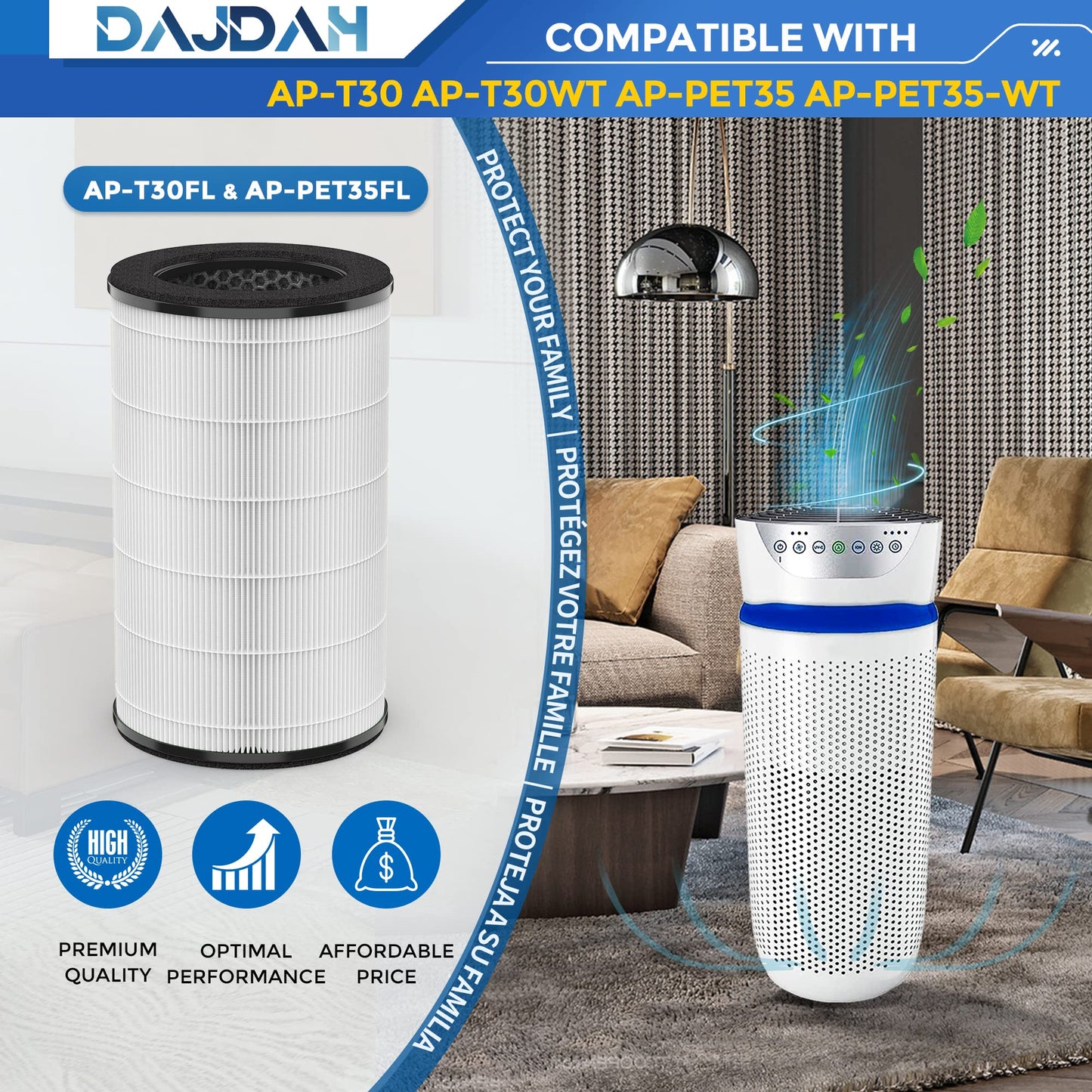 AP-T30 Replacement Filter Compatible with Homedics Air Purifier Filter Replacement AP-T30FL AP-PET35FL Filter for Homedics Total Clean 5 in 1 Air Purifier AP-T30 AP-T30WT AP-PET35 AP-PET35-WT, 2-Pack