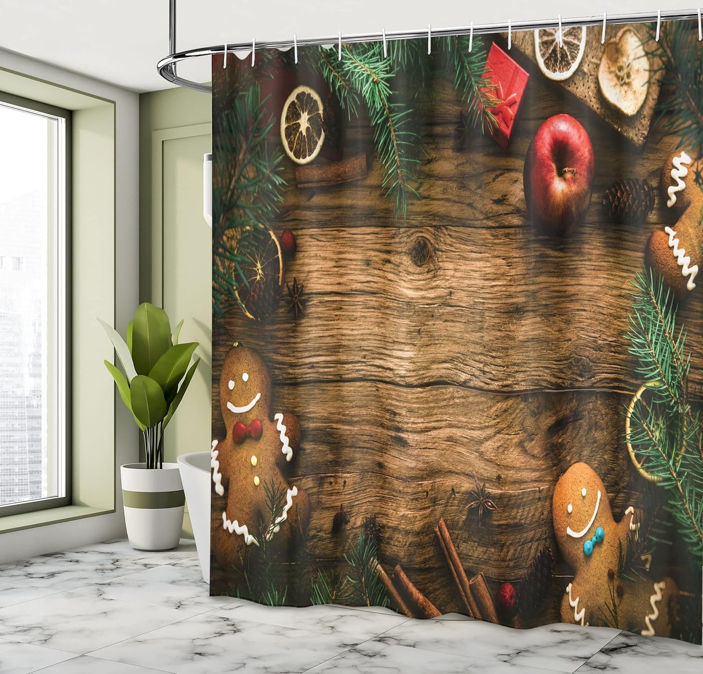 Gingerbread Man Christmas Shower Curtain - Rustic Pine & Cinnamon Design, 69" x 70", Fabric Bathroom Decor with Hooks