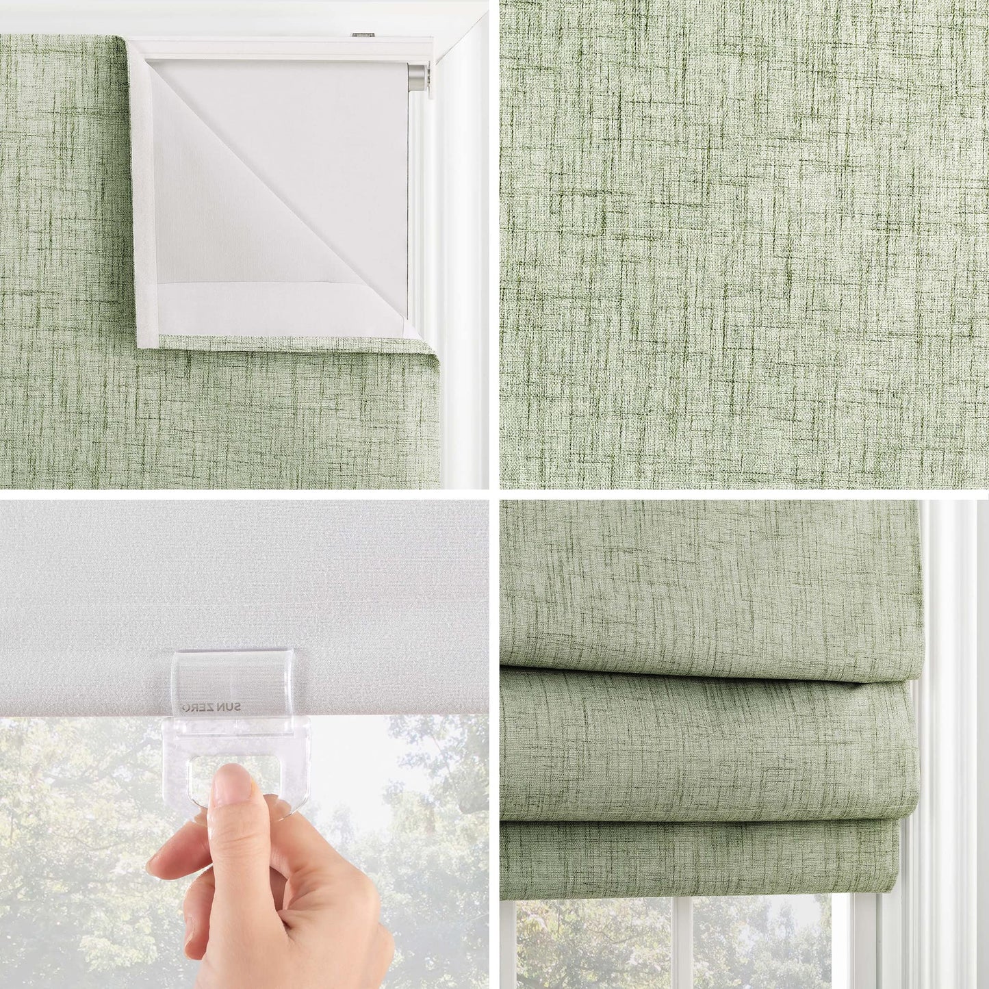 Sun Zero Seraphina Textured Total Blackout Cordless Roman Shade, 31" x 64", Sage Green