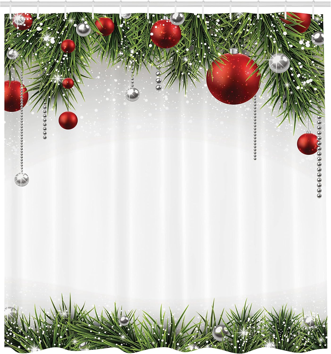 Christmas Shower Curtain with Ornaments & Pine Tree Design - 69x70 Fabric Bathroom Decor Set