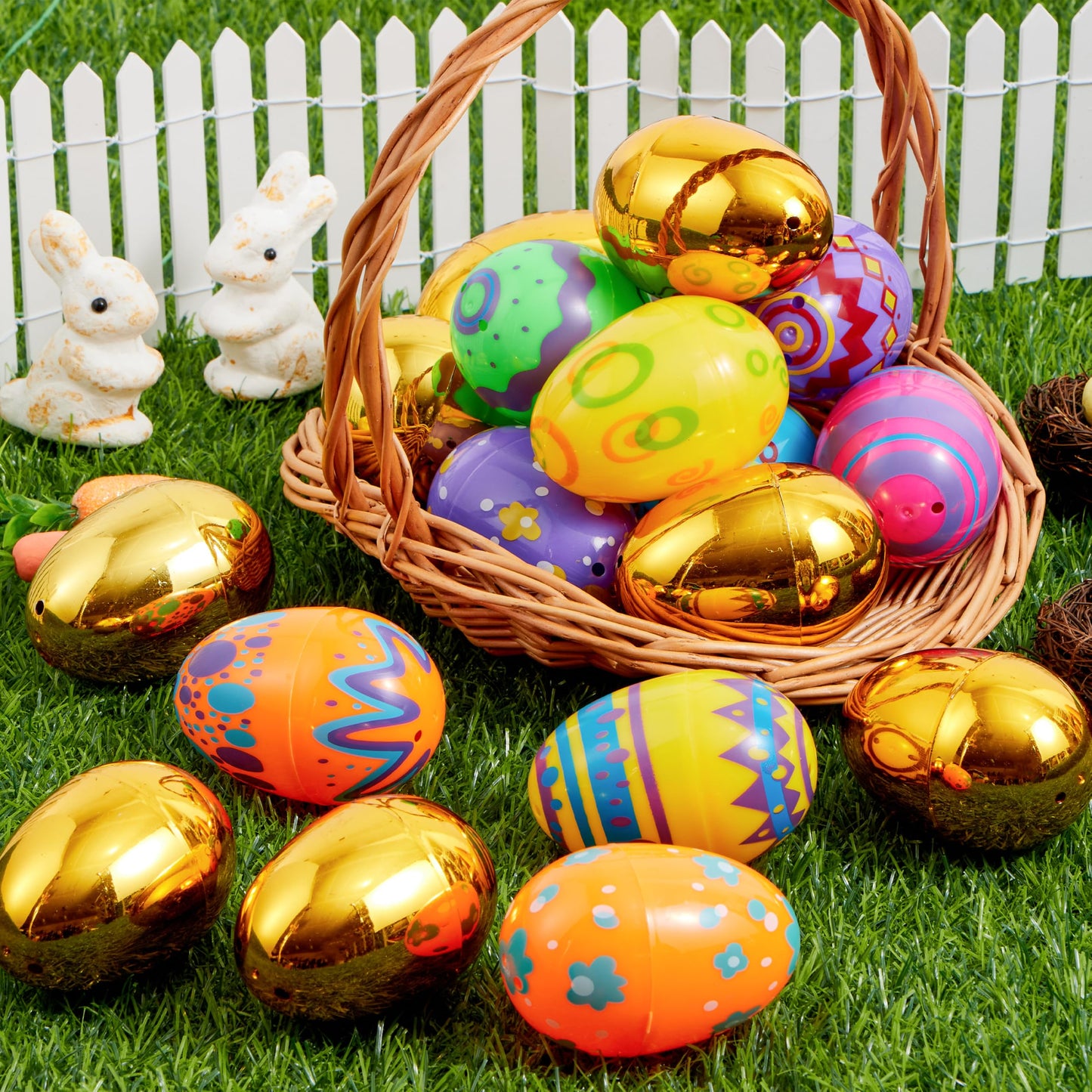 JOYIN 64 Pcs 3.15" Colorful Printed Eggs Include 8 Golden, Plastic Fillable Empty Eggs for Easter Hunt, Basket Stuffer Filler, Classroom Prize, Party Favors