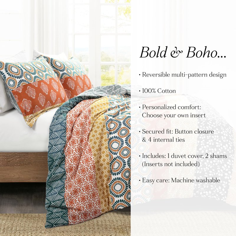 Lush Decor Bohemian Stripe Reversible Cotton Duvet Cover Set, 3 Piece Set, Full/ Queen, Turquoise & Orange - Striped Bedding Set - Queen Duvet Cover Full - Boho Decor