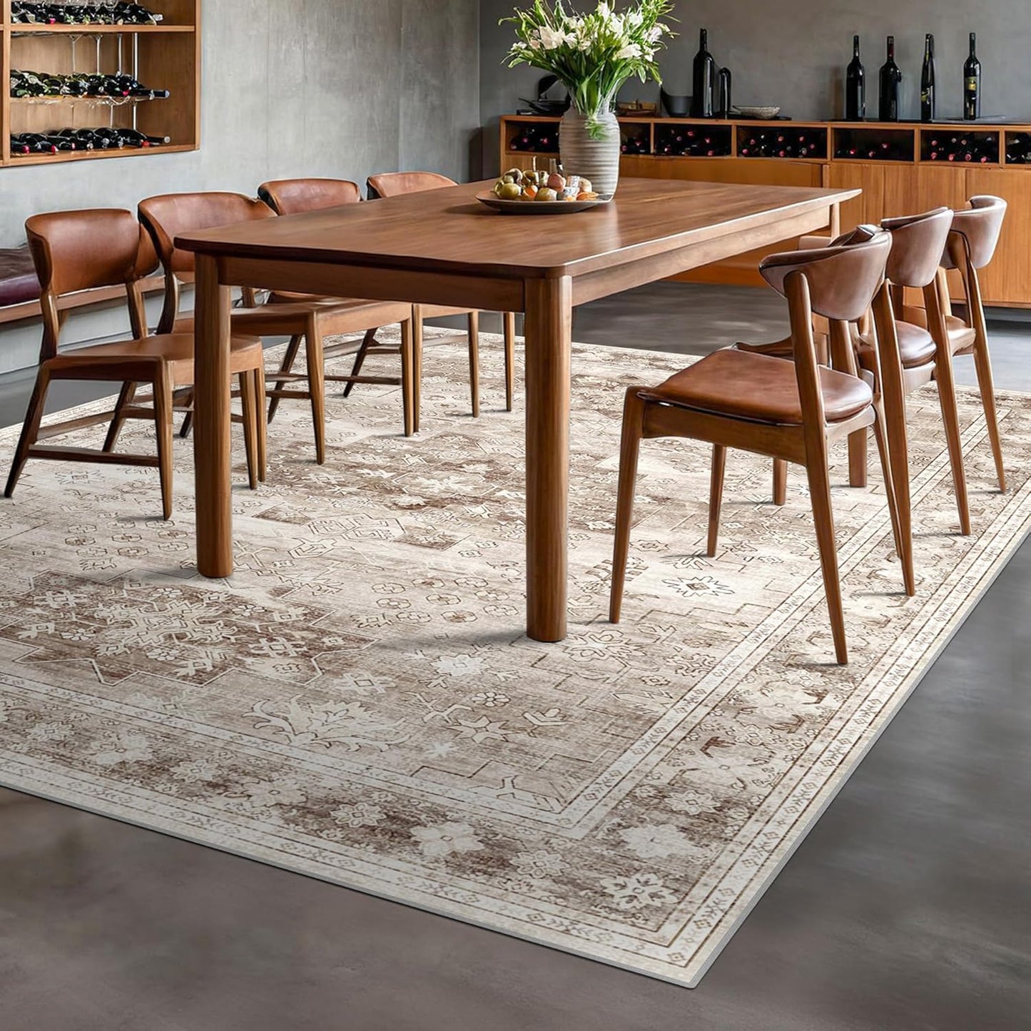 Skiennix Washable Area Rug - Large 8x10 Boho Vintage Floral Design | Non-Slip & Stain Resistant (Beige/Latte)