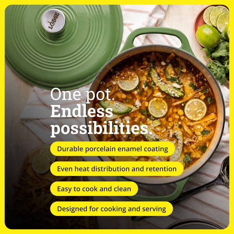 Lodge Essential Enamel Cast Iron Dutch Oven - Perfect for Bread Baking, Braising, Marinating & Slow Cooking - Features Moisture-Sealing Lid & Dual Handles - Kitchen Essentials - 6 Quarts - Spruce