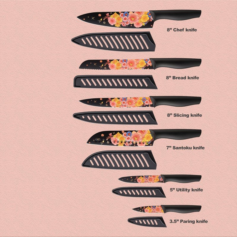 Marco Almond Knife Set Artistic Designed Pattern Kitchen Knife 6 Stainless Steel Kitchen Knives w 6 Blade Guards,Dishwasher Safe Kitchen Knife Sets for Family Knives Set for Chefs
